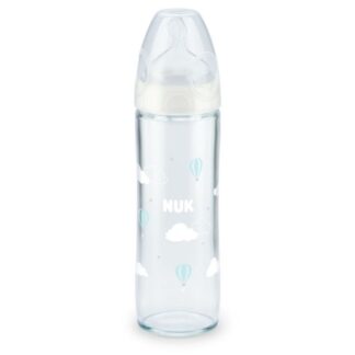 Μπιμπερό Γυάλινο New Classic Με Θηλή Σιλικόνης 0-6m 240ml Συννεφάκια Λευκό Nuk