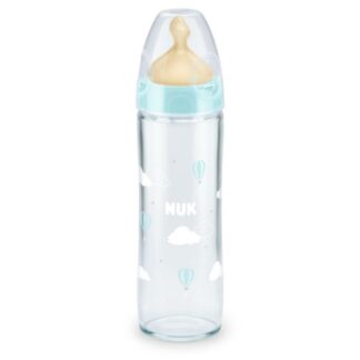 Μπιμπερό Γυάλινο New Classic Με Θηλή Καουτσούκ 0-6m 240ml Συννεφάκια Σιέλ Nuk