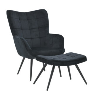 Πολυθρόνα Με Υποπόδιο Βελούδινη Μαύρη 80x70x100 Inart
